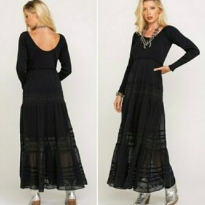 Free People Earth Angel Maxi Dress Small Black Lace Beach Goddess Goth Romantic